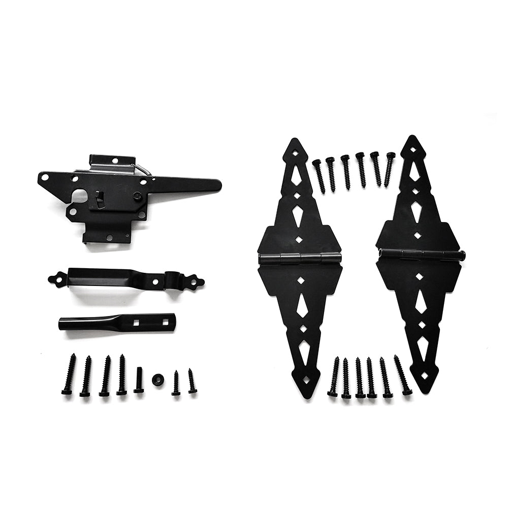 Fence Gate Hardware Set, Self-Closing Latch & Heavy Duty Hinges With Handle(2+1 Kit) - Complete Black Steel Kit for Wooden Fence Gates/Barn Doors