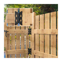 Load image into Gallery viewer, Butterfly Strap Hinges for Wood Gates - Black Steel Hinges with Mounting Screws (2 Pack), Universal for Fence/Patio/Barn/Yard Doors
