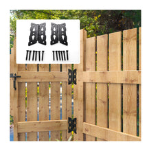Load image into Gallery viewer, Butterfly Strap Hinges for Wood Gates - Black Steel Hinges with Mounting Screws (2 Pack), Universal for Fence/Patio/Barn/Yard Doors
